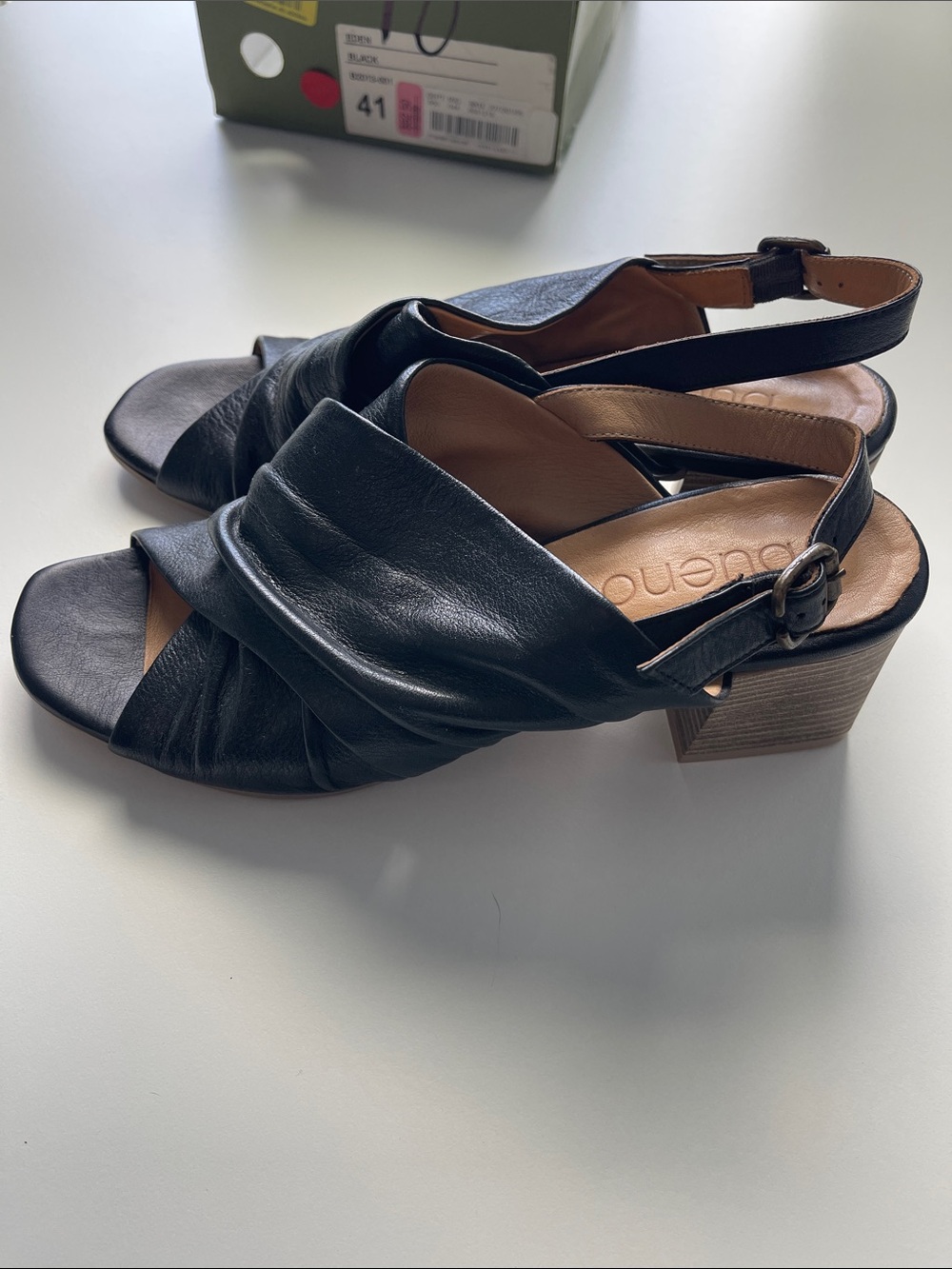 Bueno Black Leather Twisted Strap Slingback Block Heels